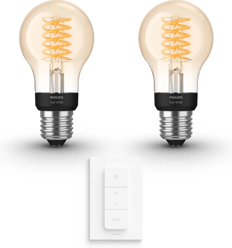 Voordeelpakket - E27 - met 2 Filament Standaard Lampen - Warmwit Licht - Incl. 1 Hue Dimmer Switch - Hue White Filament van Philips Hue – productfoto