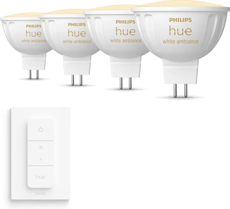 Voordeelpakket - GU5.3 - met 4 Spotjes (MR16) - 12V - Warm tot Koelwit Licht - Incl. 1 Hue Dimmer Switch - Hue White Ambiance van Philips Hue – productfoto