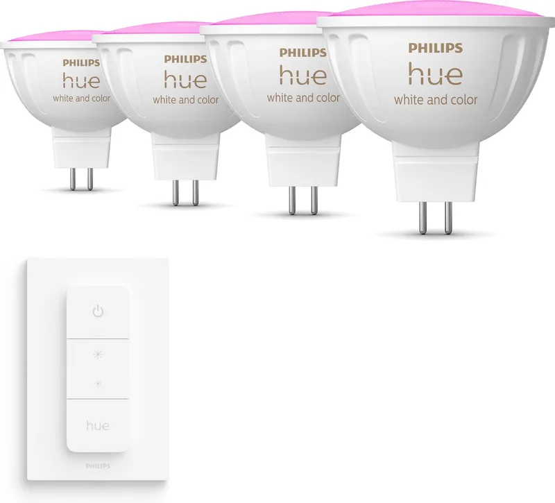 Voordeelpakket - GU5.3 - met 4 Spotjes (MR16) - 12V - Wit en Gekleurd Licht - Incl. 1 Hue Dimmer Switch - Hue White and Color Ambiance van Philips Hue – productfoto
