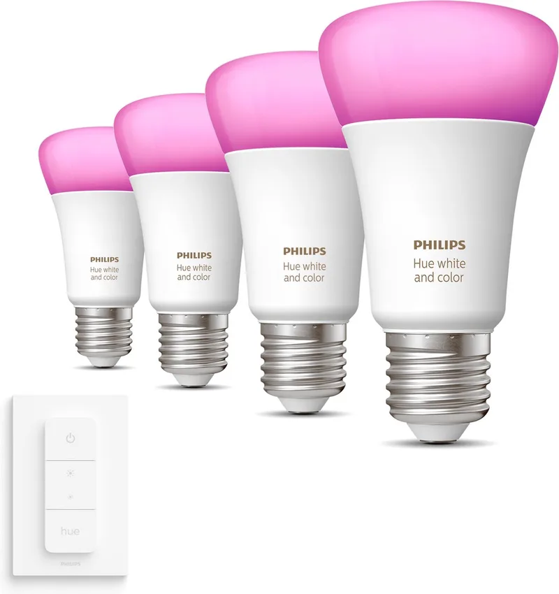 Voordeelverpakking - E27 - met 4 Standaard lampen - Wit en Gekleurd Licht - Incl. Hue Dimmer Switch - Hue White and Color Ambiance de Philips Hue – photo produit