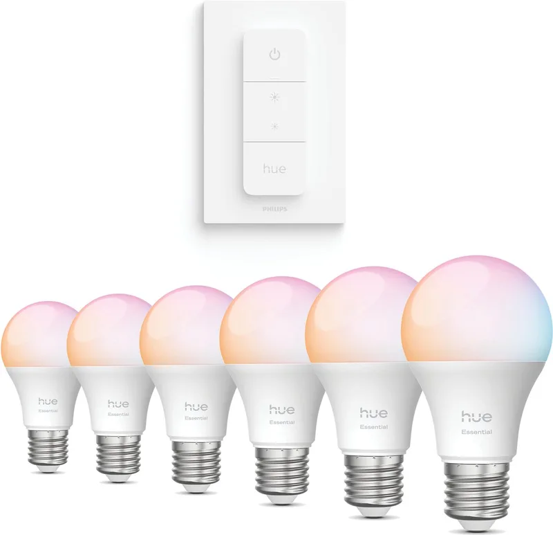 Voordeelverpakking - E27 - met 6 Standaard lampen - Wit en Gekleurd Licht - Incl. Hue Dimmer Switch - Hue White and Color Ambiance Essentials de Philips Hue – photo produit