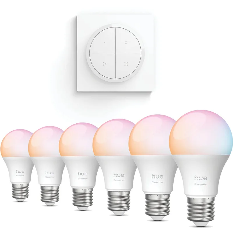 Voordeelverpakking - E27 - met 6 Standaard lampen - Wit en Gekleurd Licht - Incl. Hue Dial Switch (Wit) - Hue White and Color Ambiance Essentials van Philips Hue – productfoto