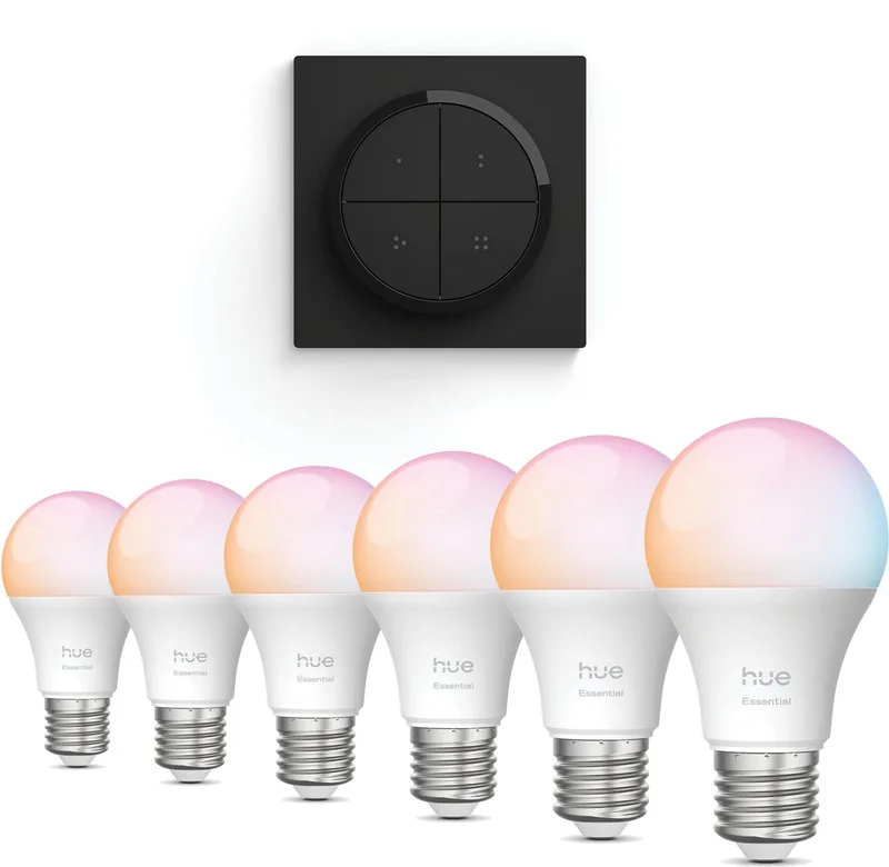Voordeelverpakking - E27 - met 6 Standaard lampen - Wit en Gekleurd Licht - Incl. Hue Dial Switch (Zwart) - Hue White and Color Ambiance Essentials de Philips Hue – photo produit