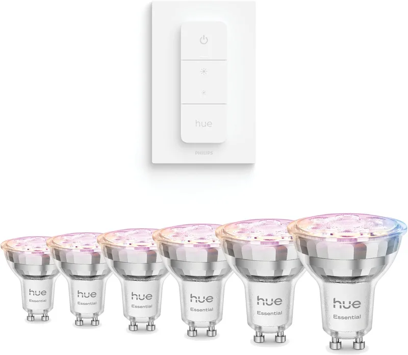 Voordeelverpakking - GU10 - met 6 Spotjes - Wit en Gekleurd Licht - Incl. Hue Dimmer Switch - Hue White and Color Ambiance Essentials by Philips Hue – product photo