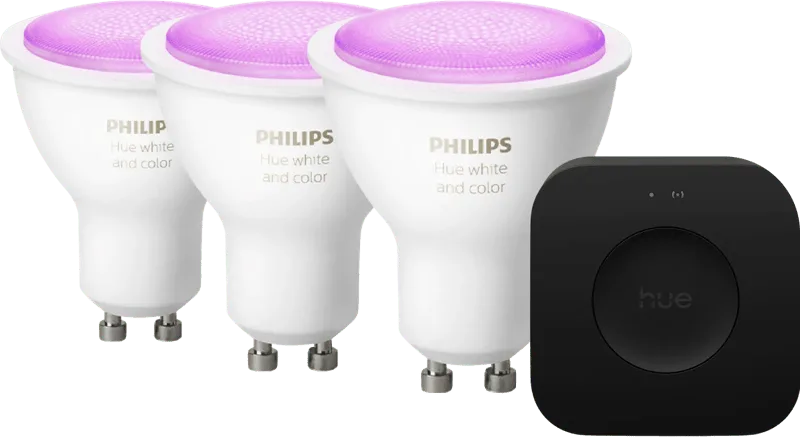White and Color GU10 3-Pack + Bridge Pro Startpakket de Philips Hue – photo produit