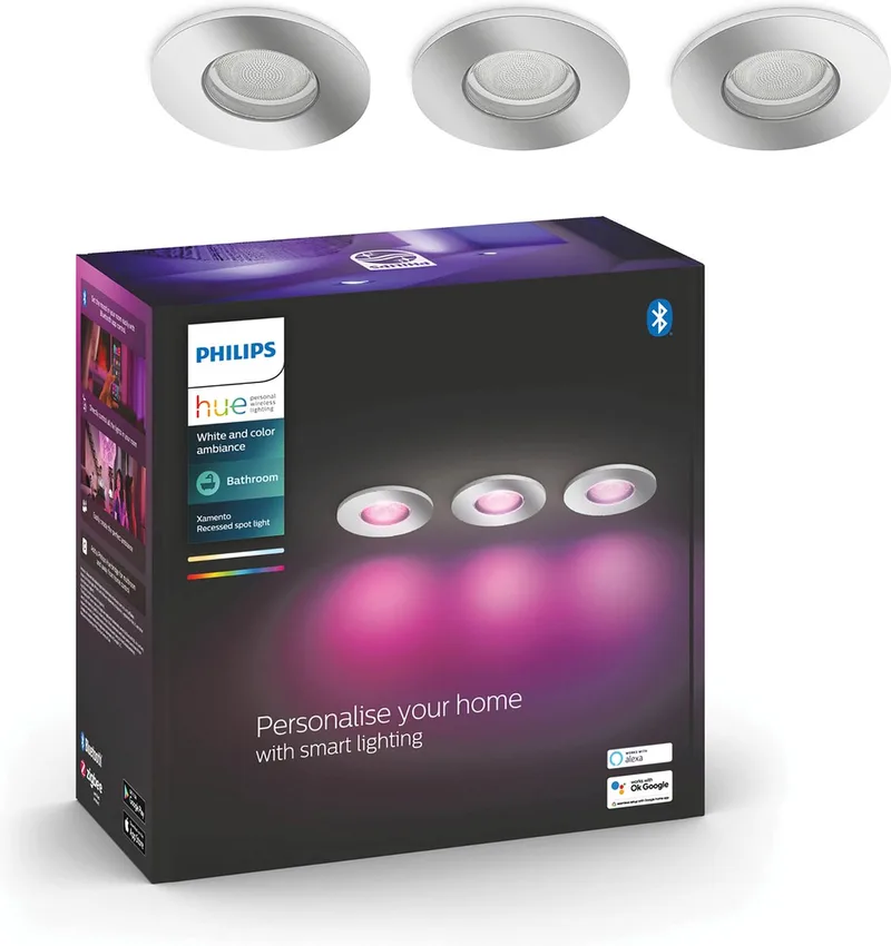Xamento - LED inbouwspot - badkamerverlichting - GU10 fitting - 3 inbouwspots incl lamp - aanpasbaar wit en gekleurd licht - chrome - IP44 spatwaterdicht - Ø930mm - slimme verlichting de Philips Hue en Chrome – photo produit