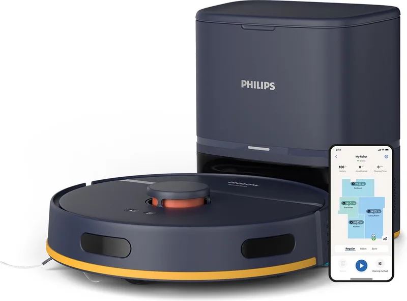 HomeRun 2000 Series XU2100/10 - Robotstofzuiger met dweilfunctie - Automatisch Leegstation - Marineblauw de Philips en Gris – photo produit
