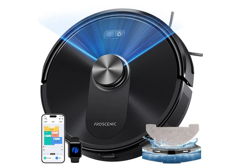 Saugroboter 8000Pa, 200 min, 64dB, 360°-LiDAR-Navigation, beutellos, mit Alexa, Google Home, Siri, IFTTT und der App (Upgrade vom Q8) fra Proscenic i Sort – produktbillede