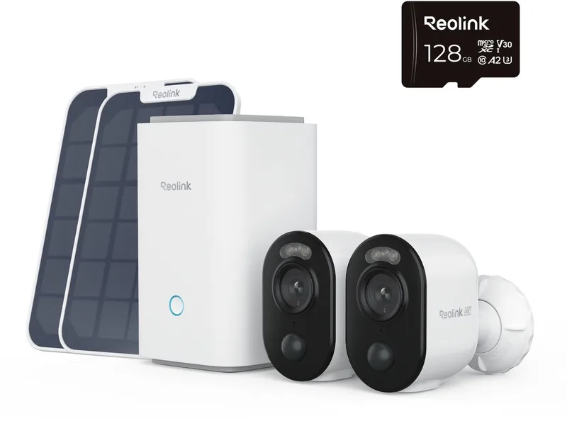Home Hub1 met 2 Reolink B350 camera's plus zonnepaneel van Reolink in Zwart – productfoto