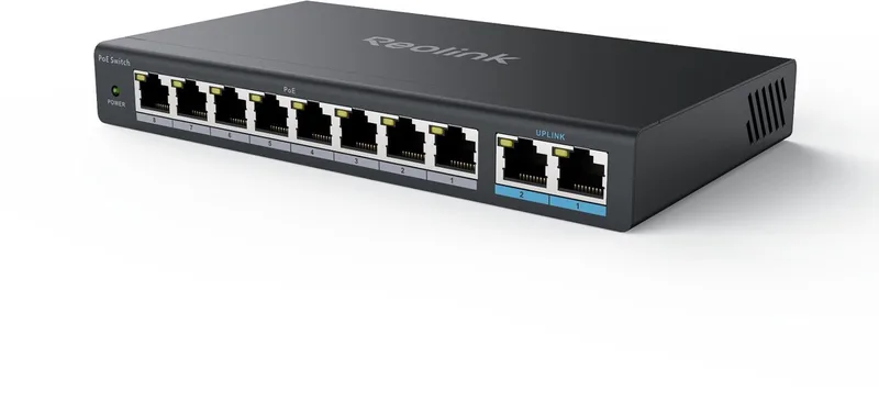 RLA-PS1 - 8x PoE + 2x Gigabit Uplink Switch - Voor Reolink NVR & IP-camera's - Metalen behuizing - Wand-/bureaumontage van Reolink in Zwart – productfoto