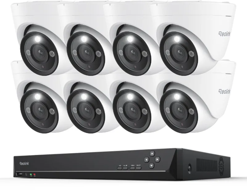 RLK16-1200D8-A 12MP PoE Beveiligingscamera Systeem, 8 Stuks H.265 12MP Dome Beveiligingscamera's, Persoons-, Voertuig- en Huisdierdetectie, Tweewegcommunicatie, Spotlicht Kleuren Nachtzicht, 16CH NVR met 4TB HDD voor 24/7 opname van Reolink in Wit en zwart – productfoto