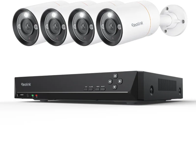 RLK8-1200B4-A 12MP Bedraad Beveiligingscamera Systeem, 4 Stuks H.265 12 Megapixel UHD PoE Bewakingscamera's, Persoons-, Voertuig- en Huisdierdetectie, Spotlicht Kleuren Nachtzicht, 8CH NVR met 2TB HDD voor 24/7 opname by Reolink in Wit en zwart – product photo
