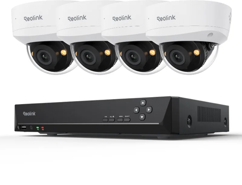 RLK8-500V4 - 5MP PoE NVR-systeem - 4x IK10-camera's - Kleuren Nachtzicht - Slimme Personen-/Voertuig-/Dierdetectie - Tweewegs Audio - 2TB HDD van Reolink in Wit – productfoto