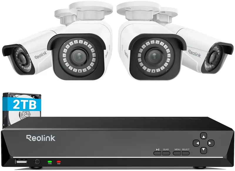 RLK8-800B4 - 4K PoE Beveiligingssysteem - 4x 8MP PoE-camera's - Persoons- & Voertuigdetectie - 8-kanaals NVR met 2TB HDD - 24/7 Opname - H.265 by Reolink in Wit en zwart – product photo