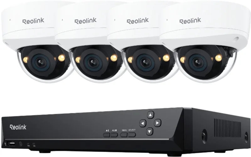 RLK8-800V4 4K Beveiligingscamera Systeem, 4 Stuks 4K UHD IK10 Dome Vandalbestendige PoE Bewakingscamera's Buiten, 8CH NVR met 2TB HDD voor 24/7 opname, Kleuren Nachtzicht, Slimme Detectie, Tweewegcommunicatie, IP67 Weerbestendig de Reolink en Zwart en wit – photo produit