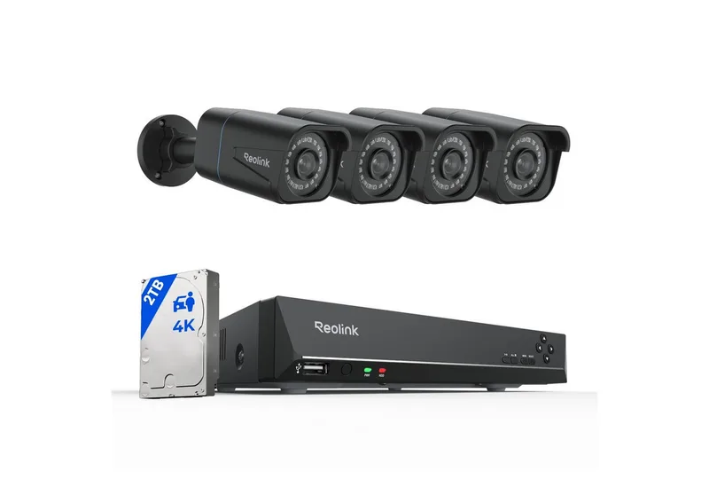 Überwachungskamera 4K PoE Überwachungskamera Set RLK8-810B4-A (AuBenbereich, Innenbereich, 8CH 2TB HDD NVR,4X PoE IP Kamera, Personen-/Fahrzeug-/Tiererkennung) von Reolink in Schwarz – Produktfoto