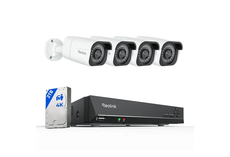 Überwachungskamera 4K PoE Überwachungskamera Set RLK8-810B4-A (AuBenbereich, Innenbereich, 8CH 2TB HDD NVR,4X PoE IP Kamera, Personen-/Fahrzeug-/Tiererkennung) från Reolink i Vit – produktbild