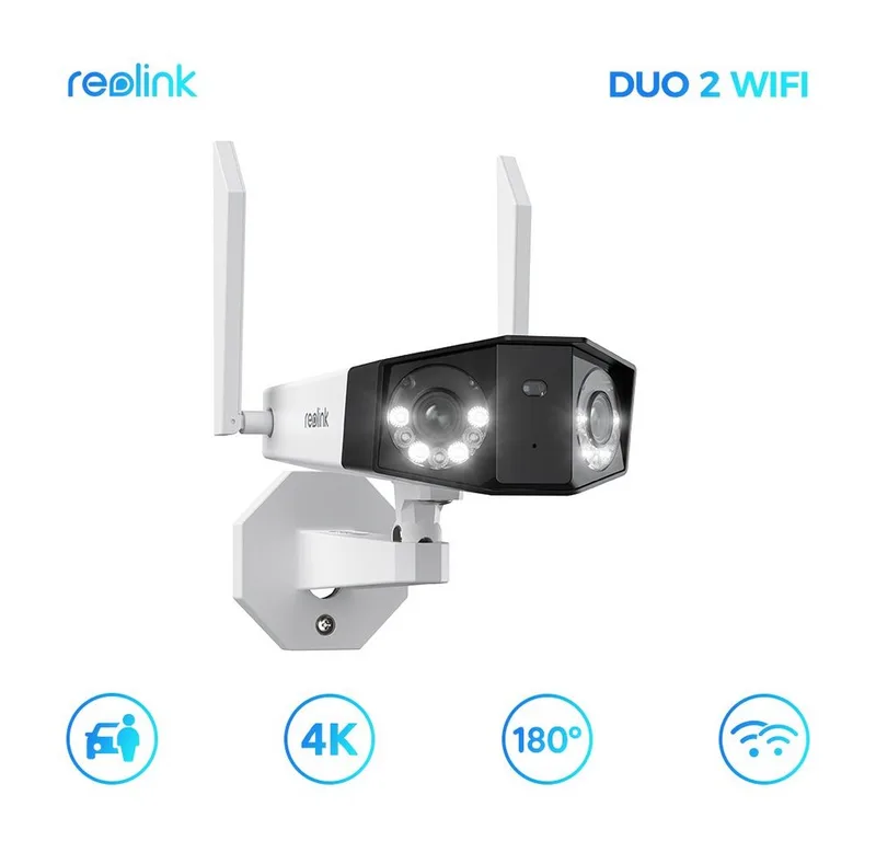 Überwachungskamera Duo 2 WiFi 8MP 2,4/5 GHz WLAN Spotlight-Nachtsicht (Außen, Set, 1-tlg., Dual-Lens, 180° Ultra-Weitwinkel, Person-/Fahrzeug-/Haustier-Erkennung, Farbnachtsicht, 2-Wege-Audio, IP67) von Reolink in Weiß – Produktfoto