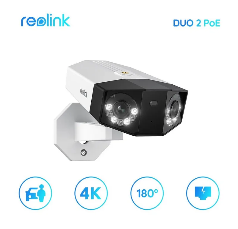 Überwachungskamera Duo 8MP Smarte PoE (Outdoor, Set, Dual-Lens, 180° Sichtwinkel, Person/Fahrzeug/Tier-Erkennung, Farb-Nachtsicht, Zwei-Wege-Audio, Wasserdicht) van Reolink in Wit – productfoto