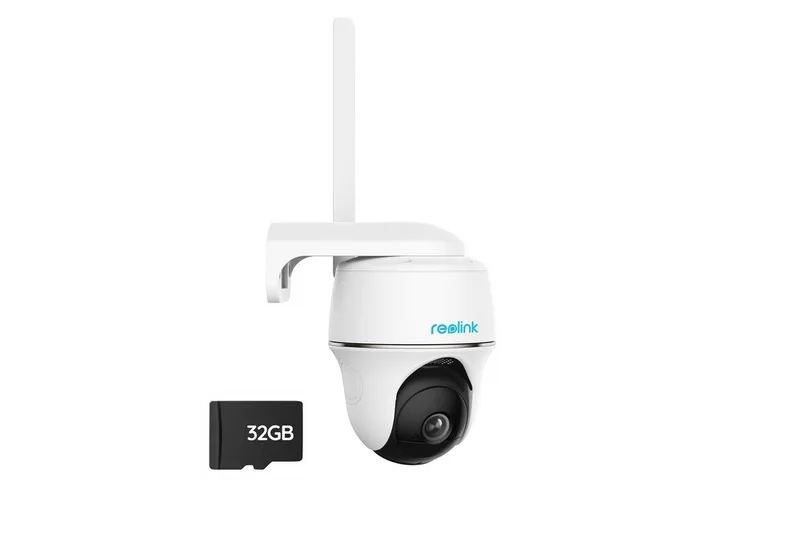 Überwachungskamera Go PT Plus 4MP 3G/4G LTE 355°/140° Schwenkbare PTZ Akku (Aussen, Innen, mit SIM-Kartenslot+32GB SD Karte,Intelligenter Erkennung,IR-Nachtsicht) von Reolink in Weiß – Produktfoto