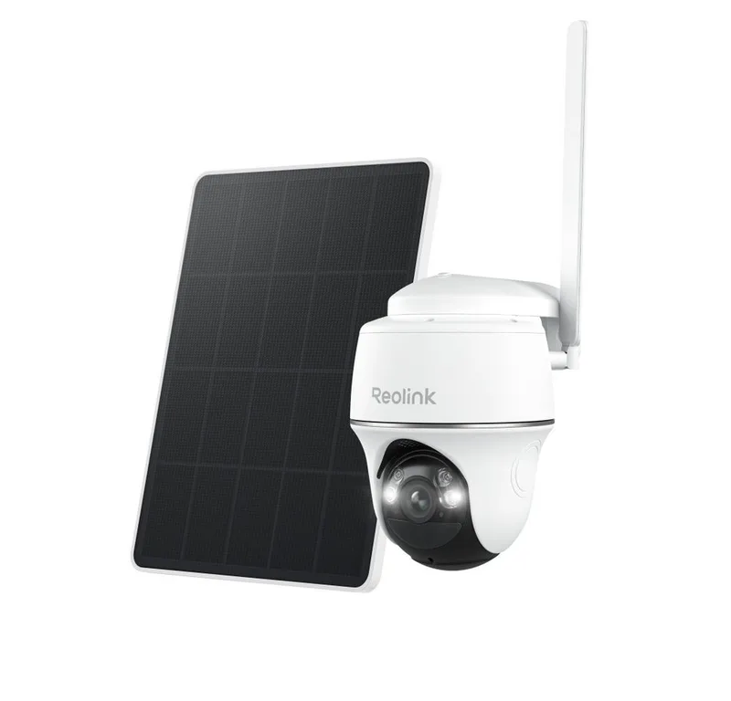 Überwachungskamera Go PT Plus+Solarpanel 5MP 3G/4G LTE 355°/140° Schwenkbare PTZ Akku (Campingbus, Farm, Außenbereich, Wald, Straße, 1-tlg., mit SIM-Kartenslot+32GB SD Karte,Intelligenter Erkennung,IR-Nachtsicht) by Reolink in White – product photo