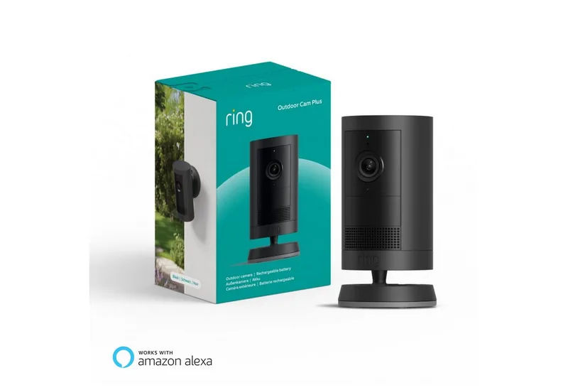 Überwachungskamera Außenkamera Plus Akku (Outdoor Camera Plus Neueste Generation) (Außenbereich, Innenbereich, 2K-Weitwinkelvideo, Kabellos, Selbstinstallation) van Ring in Zwart – productfoto