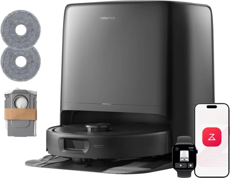 Qrevo 2 Pro Set-Robotstofzuiger-FlexiArm-technologie-25000 Pa-dubbel anti-klitsysteem-Intensieve tapijtreiniging 15 mm Dweilverhoging-Drogen met 45°C hete lucht en zelfreiniging op 75°C-Roborock SmartPlan 3.0-Reactive Tech obstakelvermijding by Roborock in Black – product photo