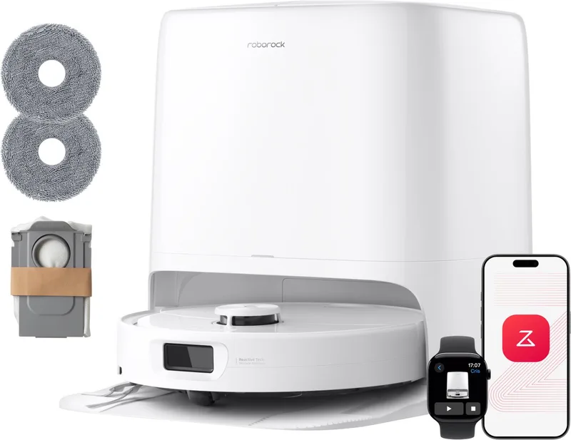 Qrevo 2 Pro Set-Robotstofzuiger-FlexiArm-technologie-25000 Pa-dubbel anti-klitsysteem-Intensieve tapijtreiniging 15 mm Dweilverhoging-Drogen met 45°C hete lucht en zelfreiniging op 75°C-Roborock SmartPlan 3.0-Reactive Tech obstakelvermijding van Roborock in Wit – productfoto