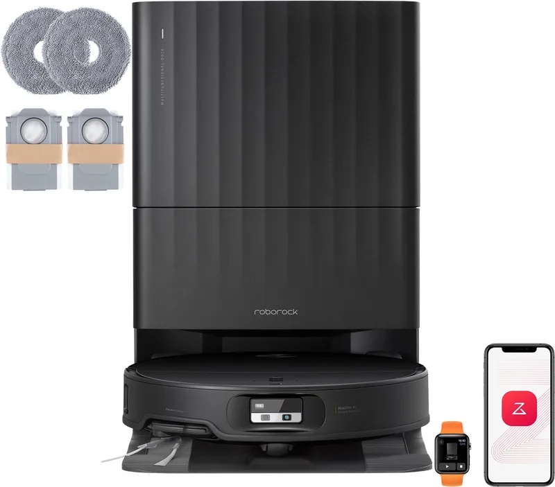 Qrevo Edge 2 Set-robotstofzuiger met dweilfunctie-25.000 Pa-7,98 cm ultraslank-12 mm dweilheffing-80°C warmwatermopwas& zelfreinigend station-FlexiArm-RetractSense navigatie-dubbel anti-klitssysteem-reactieve AI & Roborock app-bediening de Roborock en Noir – photo produit