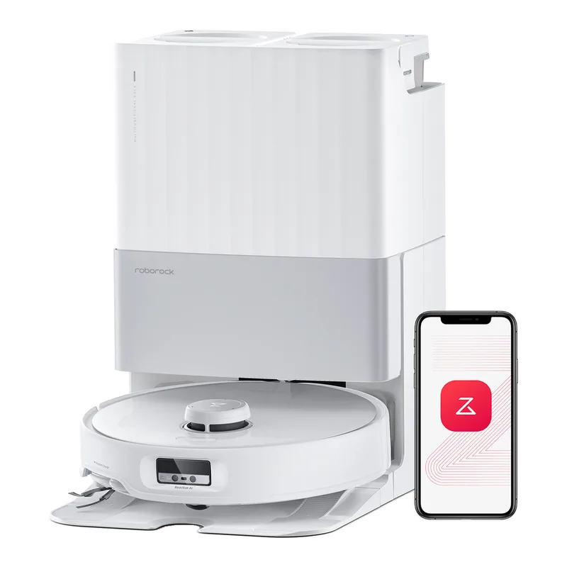 Qrevo Edge Robotstofzuiger met dweilmogelijkheid, Dubbel Anti-Klit Systeem, AdaptiLift Chassis, 18.500Pa, FlexiArm Ontwerp voor Randreiniging, Verwarmbare Dweil, 75°C Heet Water Dweil Was, "Hallo Rocky", wit von Roborock – Produktfoto