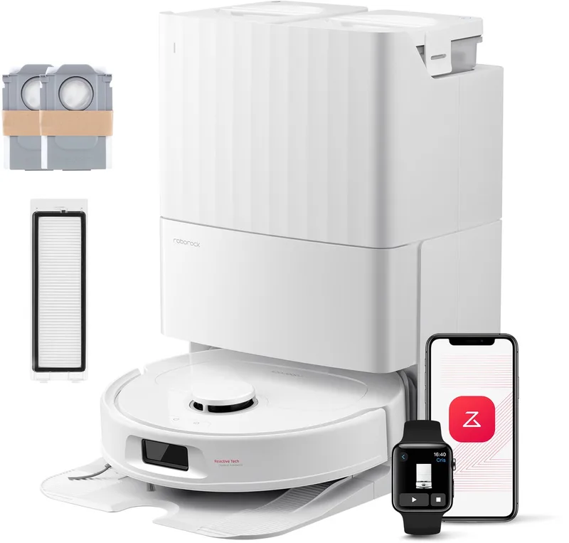 QV 35S Set-Robotstofzuiger–10000 Pa zuigkracht–Dubbele anti-klitborstels–Slimme obstakelvermijding–Dubbele opklapbare–Draaiende dweilen–Automatisch dweilen–Zelfdrogend–twee stofzuigerzakken en één filter-Wit–Qrevo plus Upgrade by Roborock in White – product photo
