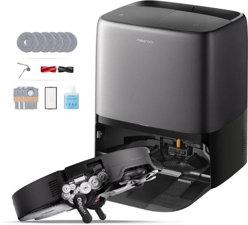 Saros 20 Neo-Robotstofzuiger Met Dweilfunctie-36000Pa-AdaptiLift Chassis 3.0-Kan drempels tot 8,8 cm-RetractSense Navigatiesysteem-7.95 cm Ultraslank Ontwerp-FlexiArm-technologie-100℃ Warmwatermopwas–Zelfreinigend Station&Anti-Klit Borstels by Roborock in Black – product photo