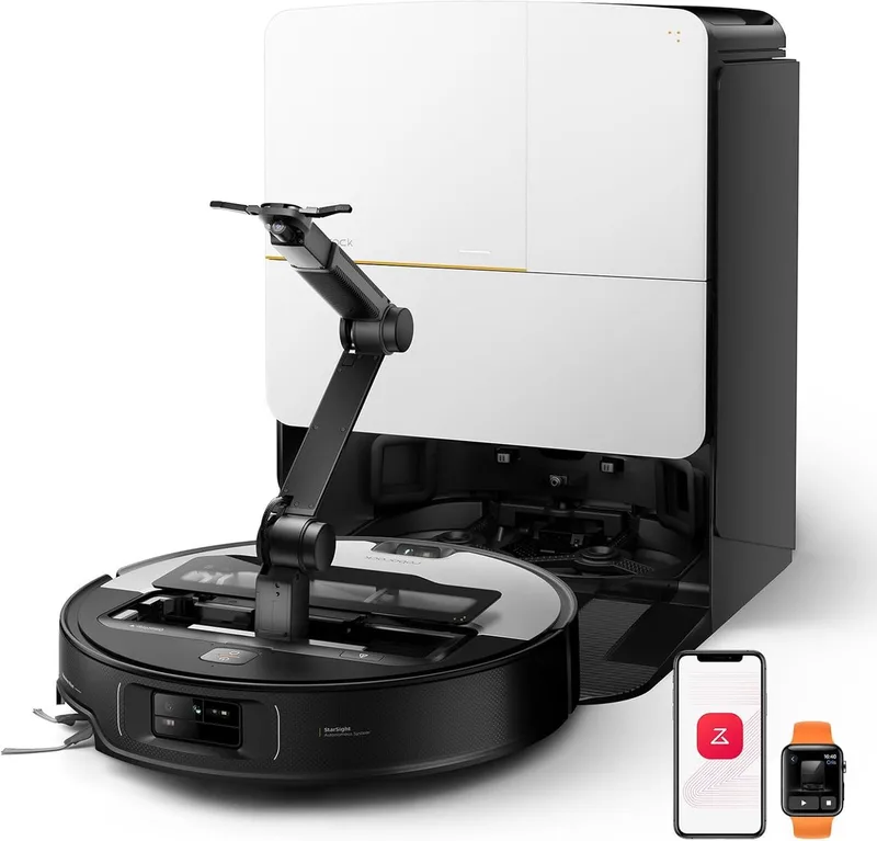 Saros Z70 – Robotstofzuiger en dweilrobot – Met OmniGrip-arm – 22.000 Pa – Aangedreven door AI – 7,98 cm ultradun – FlexiArm Riser – Tech AdaptiLift-chassis – Vermijdt obstakels – Multifunctioneel dock 4.0 van Roborock in Zilver – productfoto