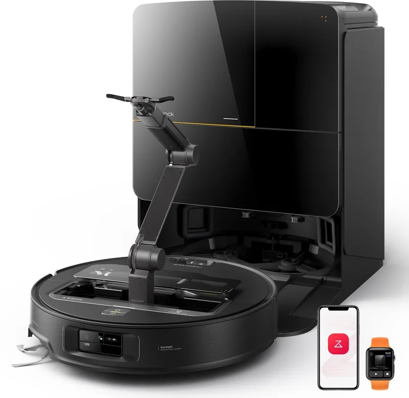 Saros Z70 – Robotstofzuiger en dweilrobot – Met OmniGrip-arm – 22.000 Pa – Aangedreven door AI – 7,98 cm ultradun – FlexiArm Riser – Tech AdaptiLift-chassis – Vermijdt obstakels – Multifunctioneel dock 4.0 van Roborock in Zwart – productfoto