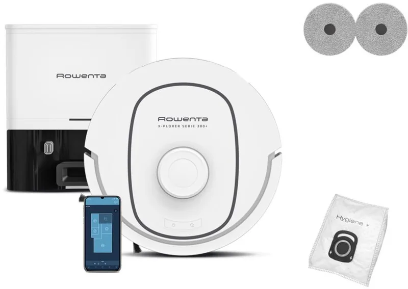 X-Plorer Serie 380+ RR89U7 - Robotstofzuiger - 8.000 Pa - Geschikt voor Alle Vloertypes - Automatisch leegstation fra Rowenta i Hvid – produktbillede