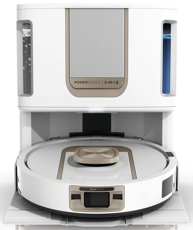 Saugroboter Shark ThermaCharged PowerDetect Saugroboter RV2900XEEUWH, 650 W, beutellos, beheizte Basisstation verwendet 85°C heißes Wasser und 80°C warme Luft von Shark in Weiß – Produktfoto