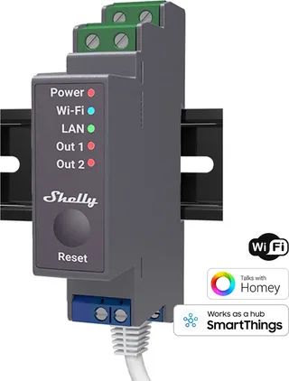 Shelly 2-Kanaals Relais Voor Wifi Lan Automatisering Met Energiemeting fra Shelly i Kleurloos – produktbillede 1 af 2