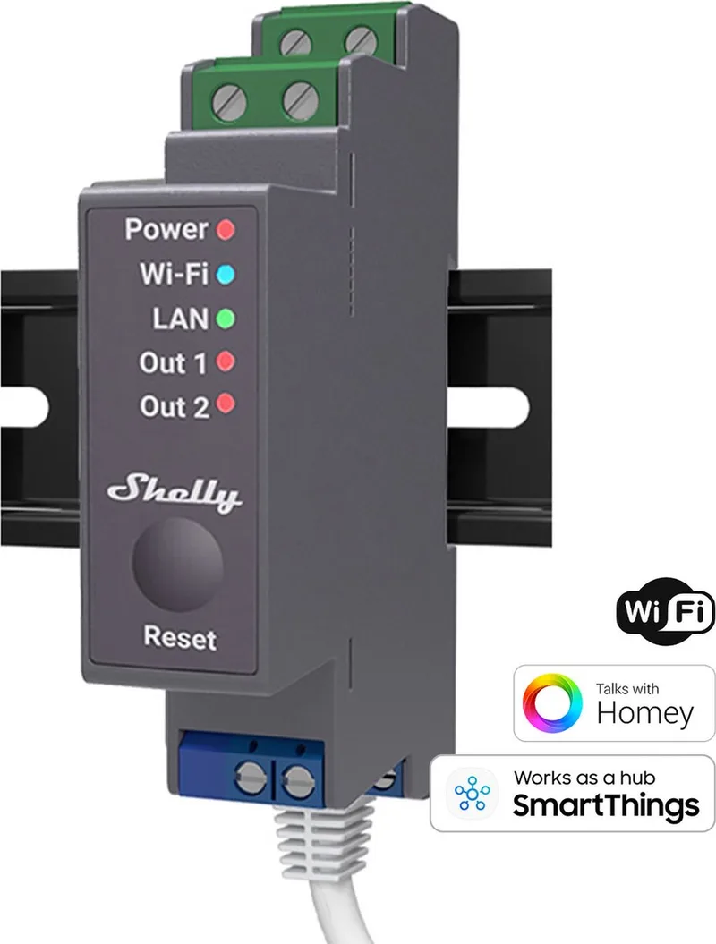 Shelly 2-Kanaals Relais Voor Wifi Lan Automatisering Met Energiemeting fra Shelly i Kleurloos – produktbillede 1 af 2
