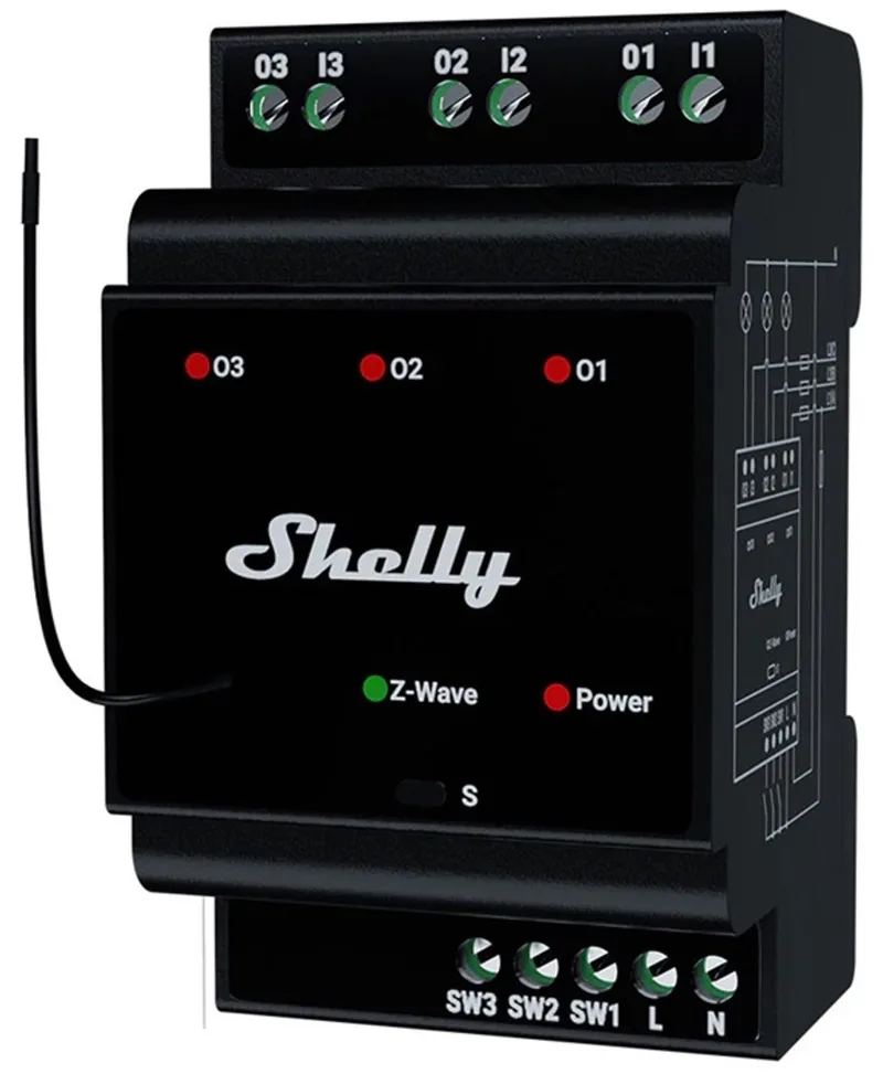 Shelly 3-Kanaals Din-Rail Z-Wave Relais Voor Smart Home by Shelly in Black – product photo