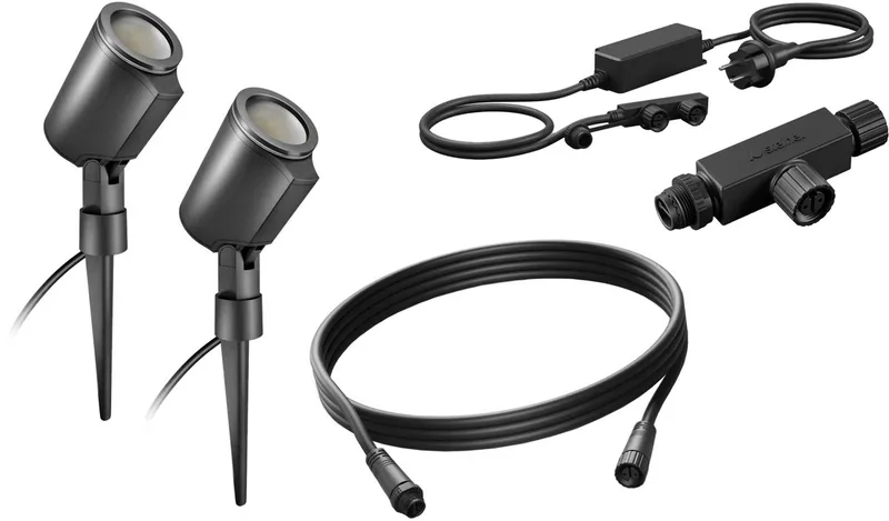 Starterset Tuinverlichting 24V - 5-delig - 2x Garden SC LED Prikspot met bewegingssensor & Bluetooth, trafo, koppelstuk & 2,5m kabel - RGB by Steinel in Anthracite – product photo
