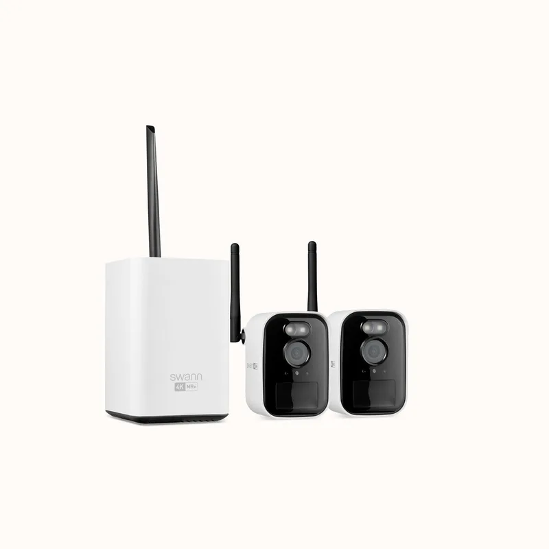 MaxRanger4K™ Mini - Buitencamera's - 2 Pack met Hub - 4K Ultra HD resolutie - Nachtzicht in kleur - Tweeweg Audio - Geen Abonnementskosten - 64GB SD Card - 150 Meter Draadloos Bereik - Wi-Fi HaLow™ Technologie by Swann in White – product photo