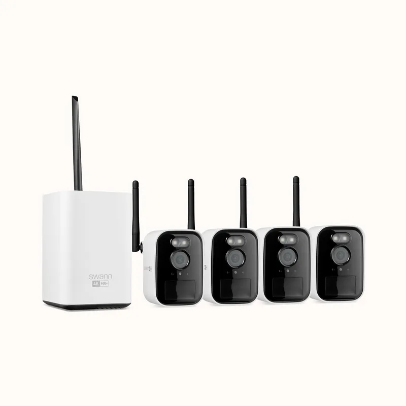 MaxRanger4K™ Mini - Buitencamera's - 4 Pack met Hub - 4K Ultra HD resolutie - Nachtzicht in kleur - Tweeweg Audio - Geen Abonnementskosten - 64GB SD Card - 150 Meter Draadloos Bereik - Wi-Fi HaLow™ Technologie by Swann in White – product photo