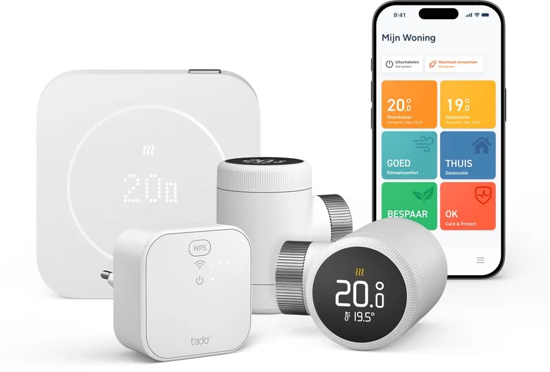 Bedrade Slimme Thermostaat X (2e gen.) Multi-Room Starterskit - Incl. 2 Radiatorknoppen - OpenTherm & Relay - Matter, Google Home, Alexa & Apple Home - Wit von tado° in + Bridge + 2 Knoppen – Produktfoto