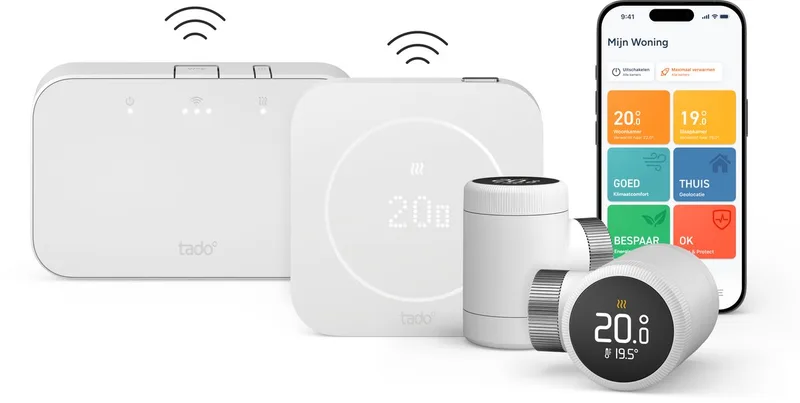 Draadloze Slimme Thermostaat X (2e gen.) Multi-Room Starterskit - Incl. 2 Radiatorknoppen - OpenTherm & Relay - Matter, Google Home, Alexa & Apple Home - Wit van tado° in + Bridge + 2 Knoppen – productfoto