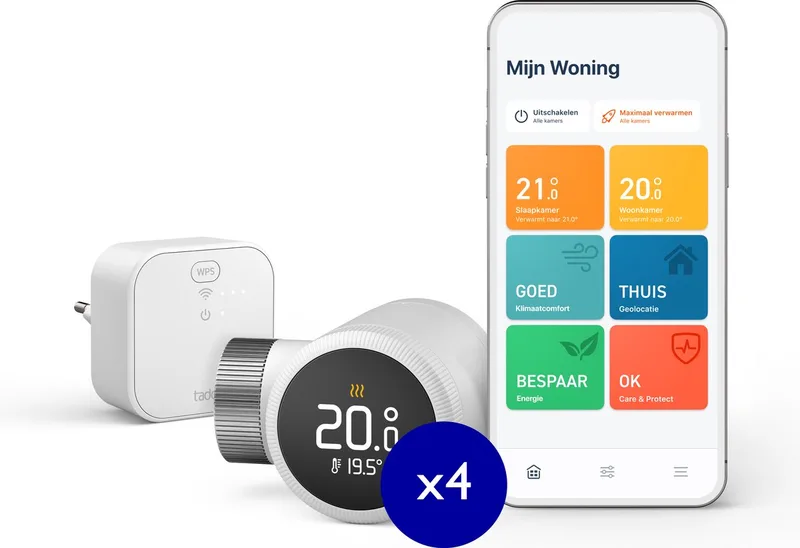 Slimme Radiatorknop X - Slimme Thermostaatknop - Starterkit - incl. Matter Bridge & 4 Radiatorknoppen - werkt met Google Home, Alexa & Apple Homekit - Zwart/Wit van tado° in Wit – productfoto