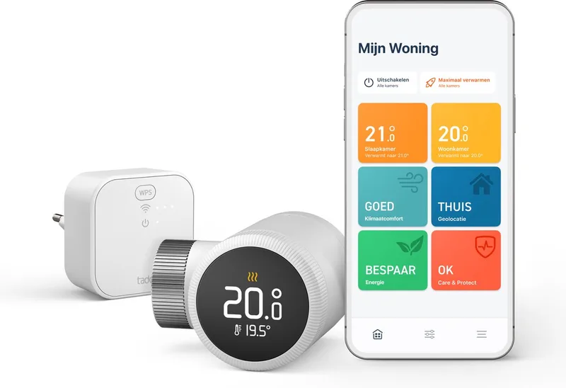 Slimme Radiatorknop X - Starterskit - Slimme Thermostaatknop - incl. Matter Bridge - werkt met Google Home, Alexa & Apple Homekit - Draadloos van tado° in Wit – productfoto