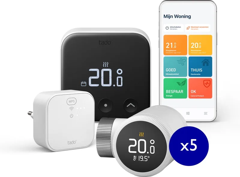 Slimme Thermostaat X Bundel - Starterskit - Smart Thermostaat - incl. Matter Bridge & 5 Radiatorknoppen- Bedrade variant - werkt met Google Home, Alexa & Apple Homekit - Zwart/Wit by tado° in Starterkit + 5 knoppen – product photo