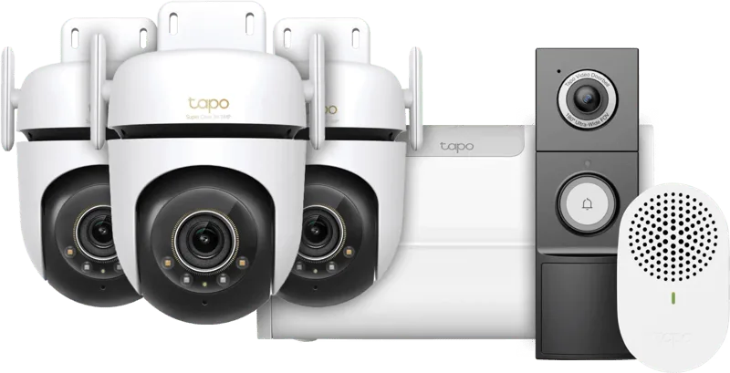 C530WS 3-Pack + H500 CentralHub + D235 Smart Battery & Wired Doorbell fra TP-Link – produktbillede