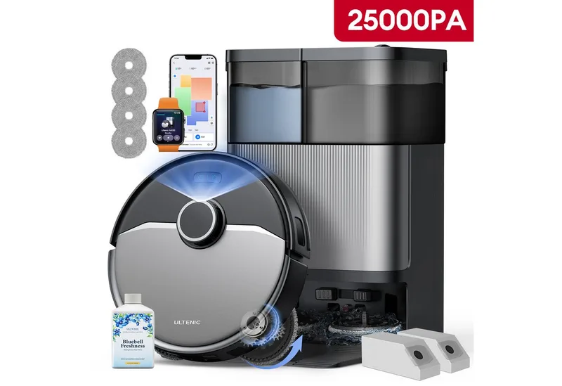 Nass-Trocken-Saugroboter saugroboter mit wischfunktion,25000Pa,9 in 1,DualSpin-Wischsystem, mit Beutel, Saug und Wischroboter,Automatikstation,Dual-Airflow-Heißlufttrocknung by Ultenic in Black – product photo