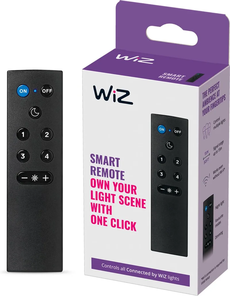 Afstandsbediening - Bedien je Slimme Verlichting Eenvoudig Zonder App - Werkt op Batterijen van WiZ in Zwart – productfoto 1 van 6